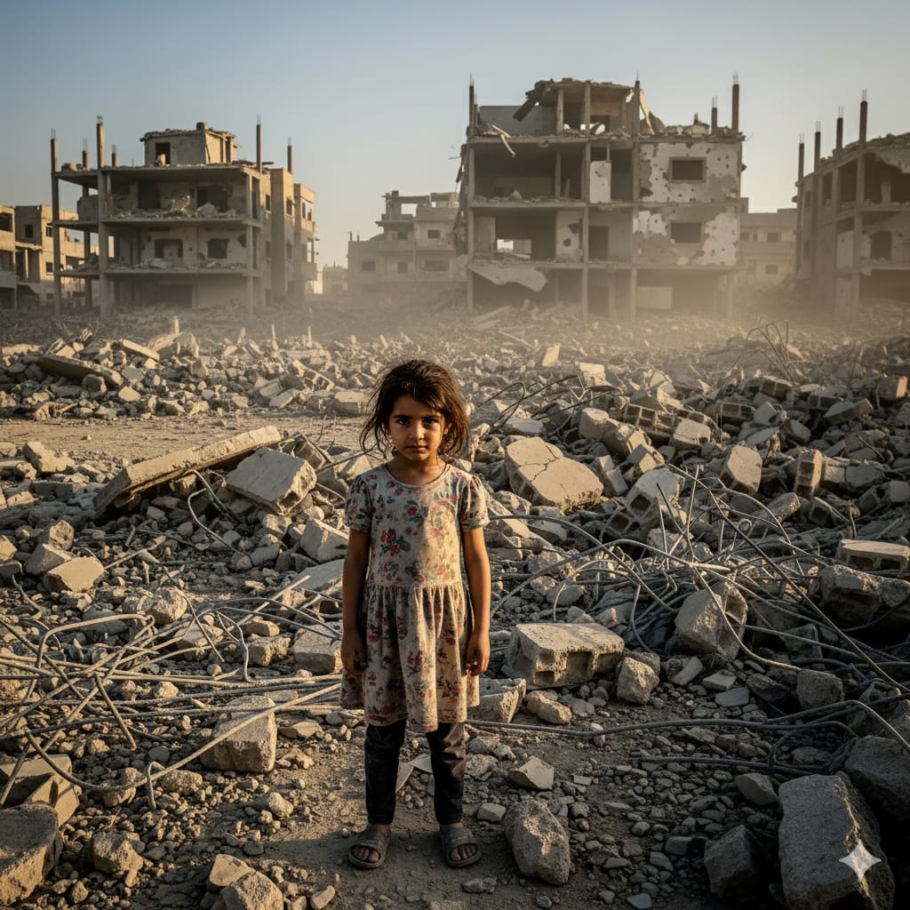 Petite fille palestinienne sur un champ de ruines. Image générée par IA