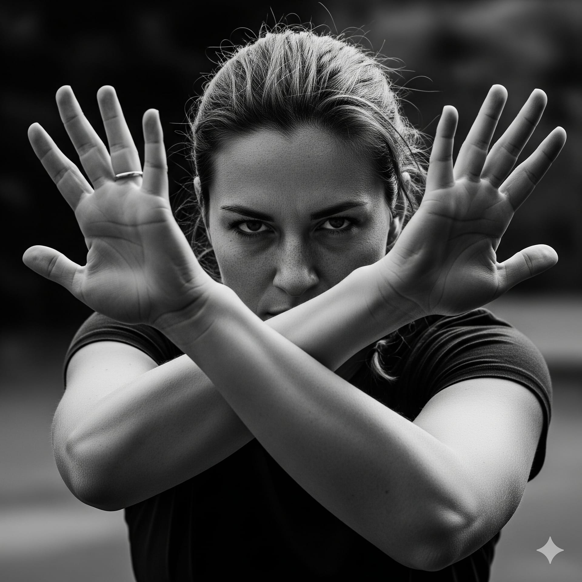 Une femme protégeant son visage en croisant les bras en geste de défense - image générée par IA